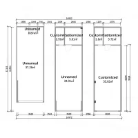 Three simple 2D room layout drawings showing different sizes and measurements for a small apartment