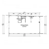 Detailed 2D floor plan layout with room labels and measurements showing a large living room