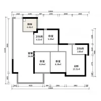 Black and white floor plan showing three bedrooms two bathrooms living room kitchen and wall dimensions