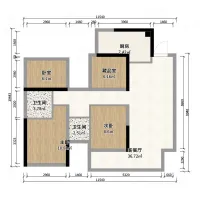 Interior design drawing of a floor plan with bedrooms bathroom kitchen and large living room