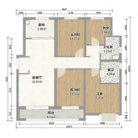 Three bedroom floor plan with a study kitchen living room balcony and two separate bathrooms