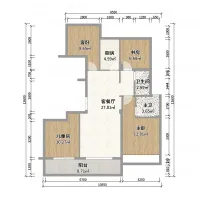 Top view floor plan showing a modern apartment layout with labeled rooms balcony and dimensions