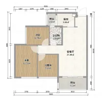 Room layout showing three bedrooms, living room, kitchen, bathroom, and balconies with wall size measurements