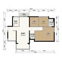 Detailed 2D interior design drawing showing a three bedroom apartment layout with specific room dimensions