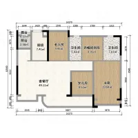 Colored floor plan design with living room kitchen three bedrooms two bathrooms and labeled dimensions