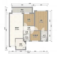 Interior design drawing of apartment layout with living room kitchen three rooms and two bathrooms