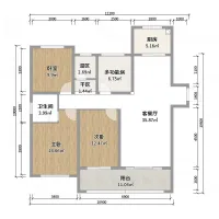 Coohom 2D floor plan layout showing bedrooms living room kitchen bathroom balcony and specific room measurements