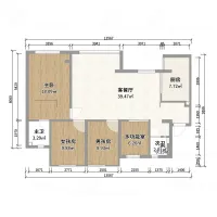 Interior room layout of a four bedroom house with kitchen bathrooms and a living room