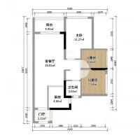 2D floor plan layout showing living room kitchen bathroom balcony entrance and three bedrooms dimensions