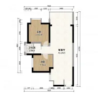 Two bedroom apartment floor plan with one bathroom and a large open living dining room