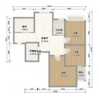 Detailed two dimensional room layout plan with kitchen living area three bedrooms and a balcony