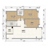 Coohom 2D room layout displaying three bedrooms, two bathrooms, kitchen, and a spacious living area