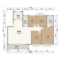 A floor plan layout showing kitchen living room balcony three bedrooms study and two bathrooms