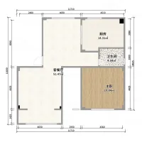 Coohom floor plan showing a kitchen bathroom bedroom and living area with clear wall dimensions
