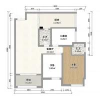 Detailed floor plan layout showing three bedrooms kitchen living room balcony and two small bathrooms