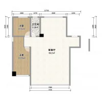 2D floor plan showing two bedrooms one bathroom and a very large open living room