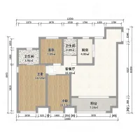 Detailed 2D floor plan layout showing three bedrooms two bathrooms kitchen living room and balcony