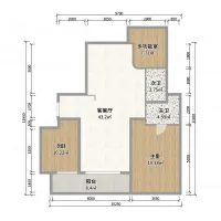 Detailed 2D house room layout with dimensions showing the living area bedrooms bathrooms and balcony