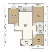 Coohom 2D interior design drawing showing a three bedroom apartment layout with labels and dimensions